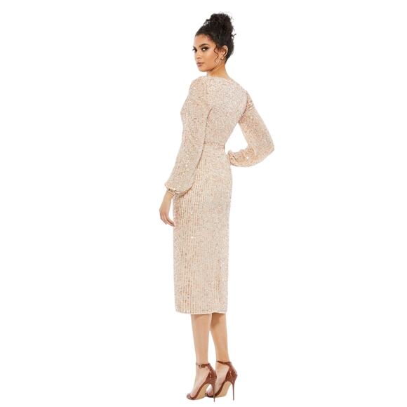 Mac Duggal NWT Sequined Illusion Puff Sleeve V-Neck Midi Dress in Nude Size 6 - Picture 2 of 8